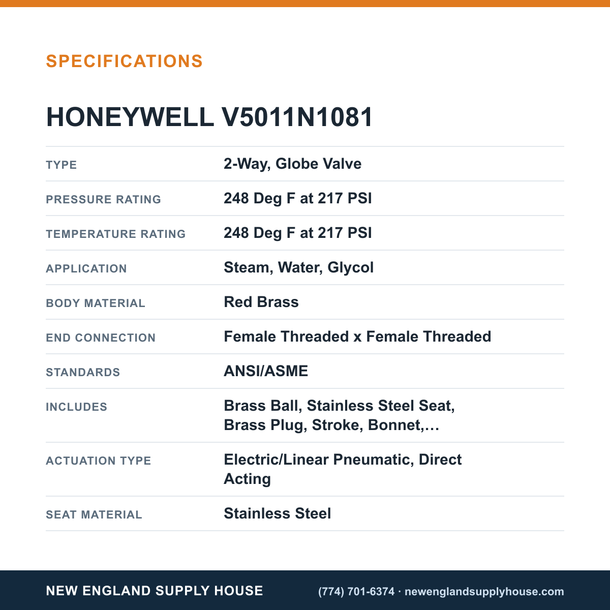 Honeywell Commercial V5011N1081 Globe Valve specifications — New England Supply House [NESH-SPECTABLE-V1]