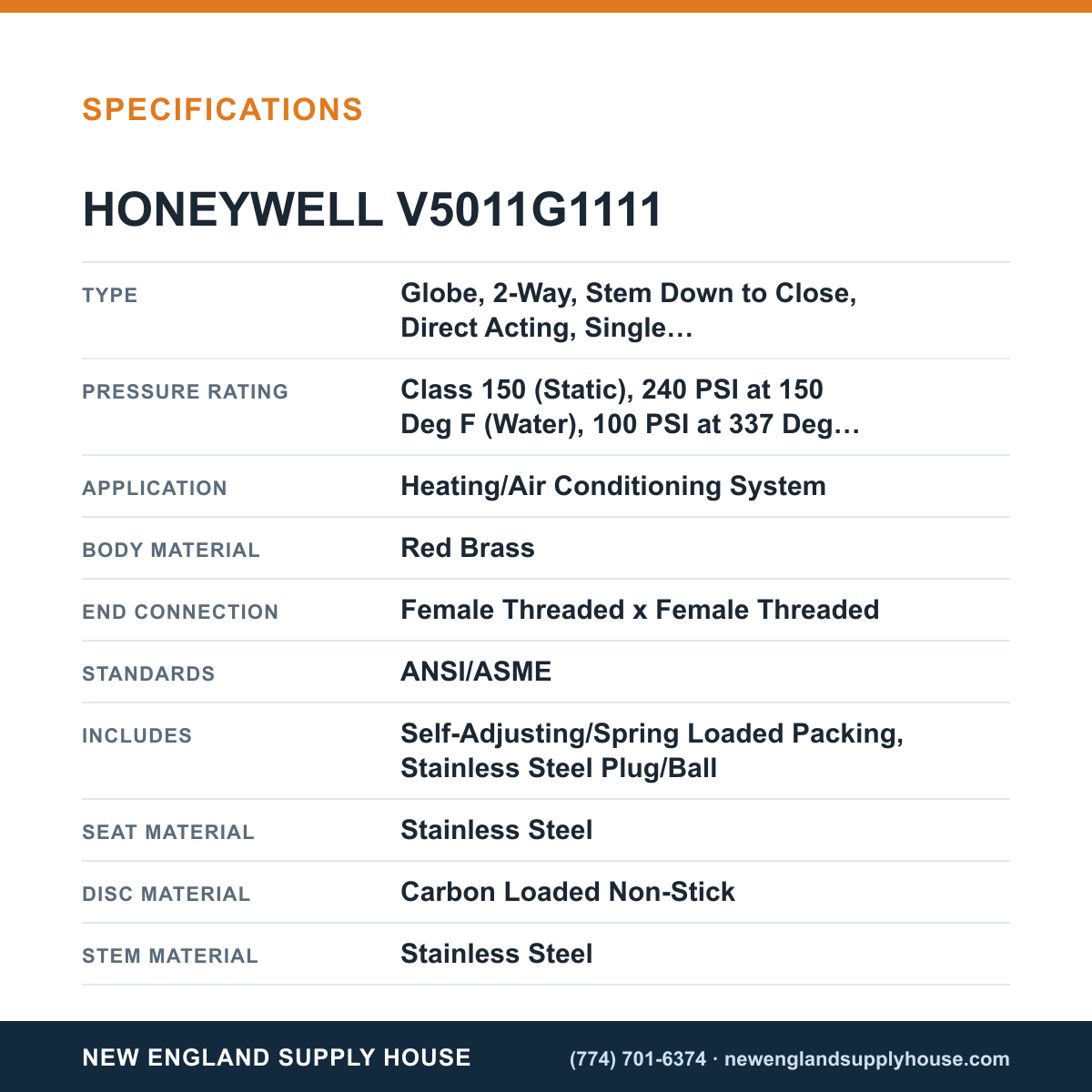 Honeywell Commercial V5011G1111 Globe Valve specifications — New England Supply House [NESH-SPECTABLE-V1]