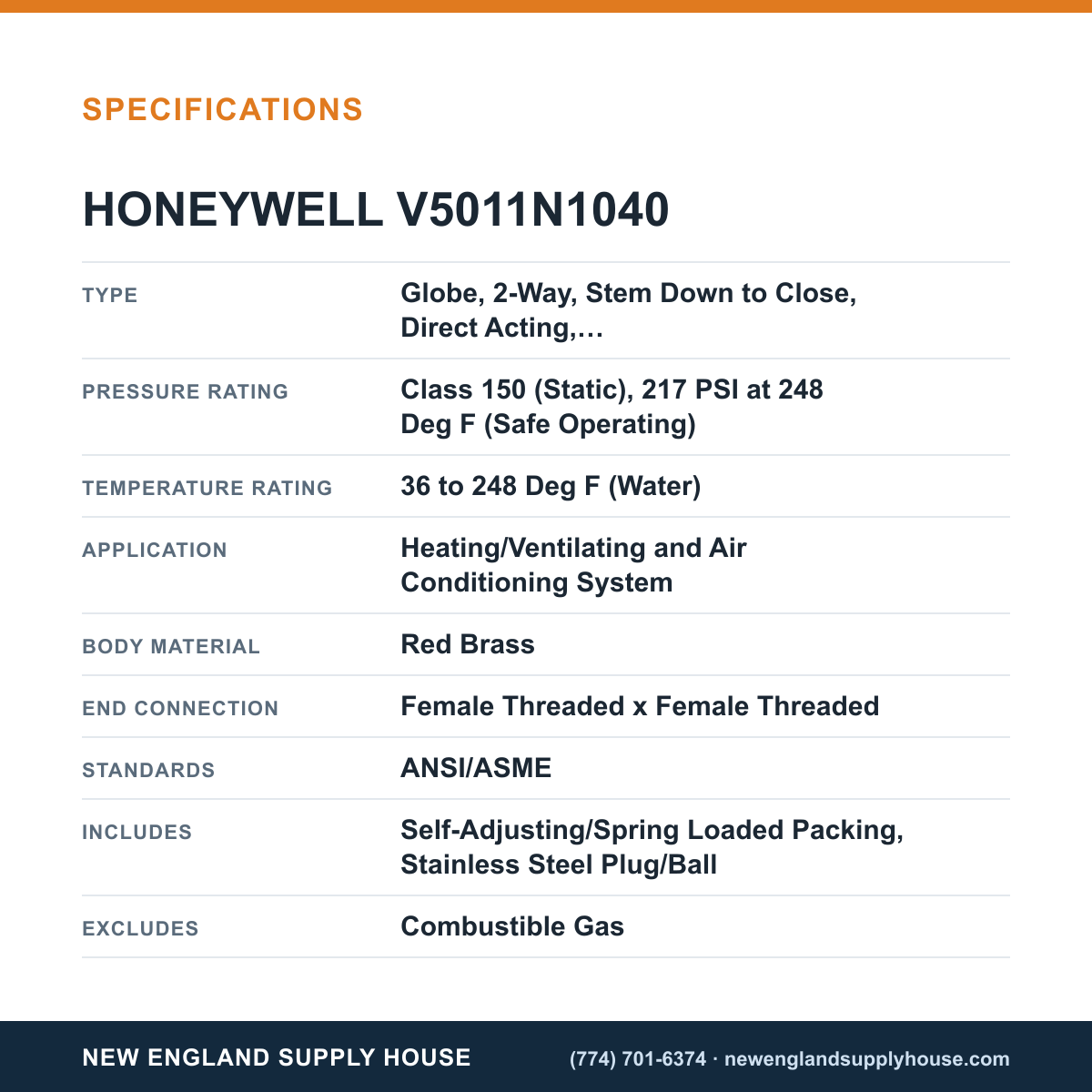 Honeywell Commercial V5011N1040 Globe Valve specifications — New England Supply House [NESH-SPECTABLE-V1]