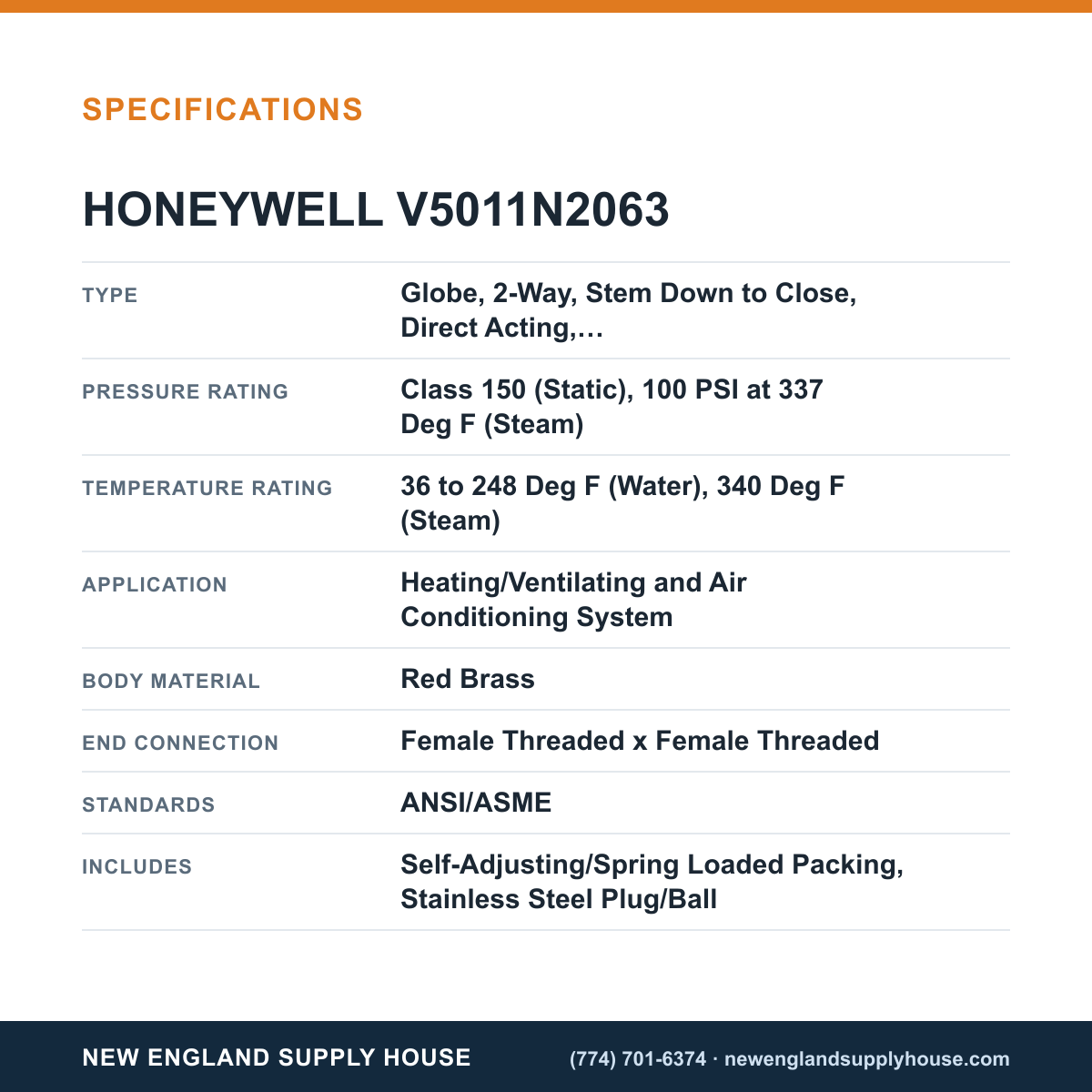 Honeywell Commercial V5011N2063 Globe Valve specifications — New England Supply House [NESH-SPECTABLE-V1]