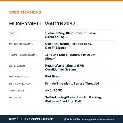 Honeywell Commercial V5011N2097 Globe Valve specifications — New England Supply House [NESH-SPECTABLE-V1]
