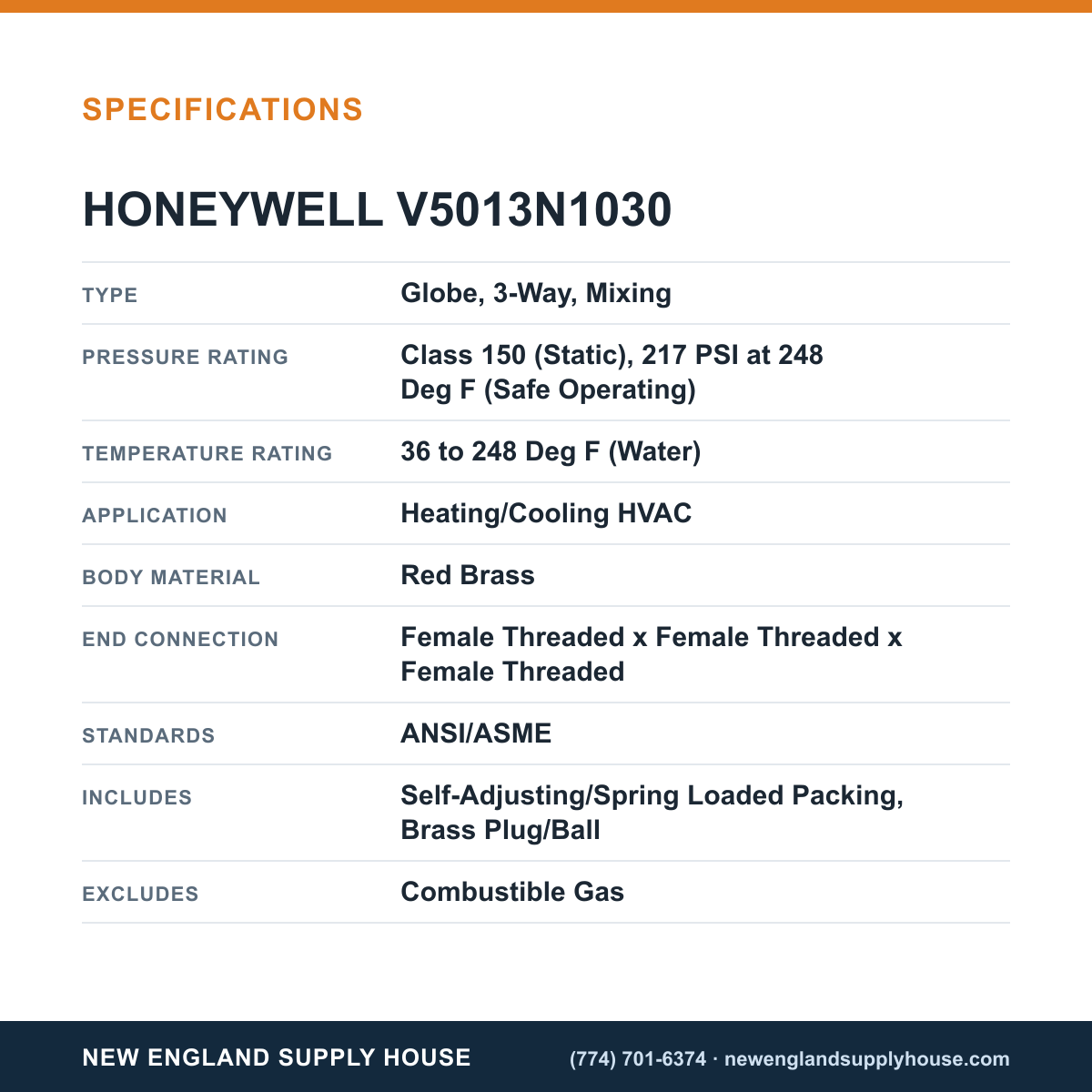 Honeywell Commercial V5013N1030 Globe Valve specifications — New England Supply House [NESH-SPECTABLE-V1]