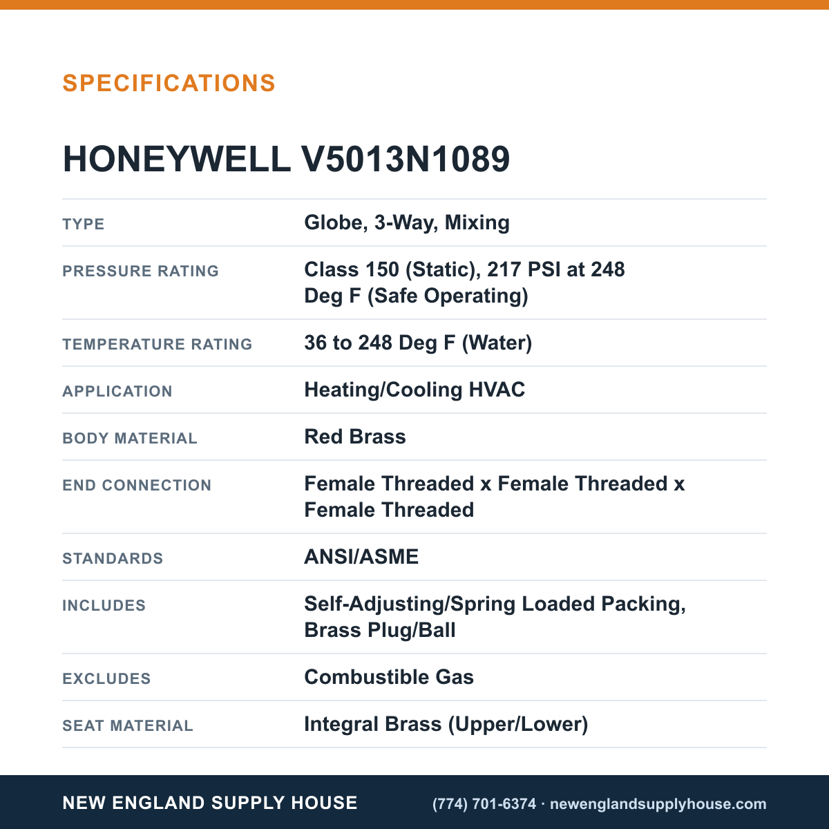Honeywell Commercial V5013N1089 Globe Valve specifications — New England Supply House [NESH-SPECTABLE-V1]