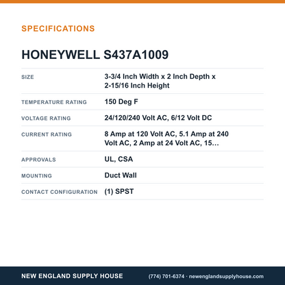 Honeywell Commercial S437A1009 HVAC Controller Sail Switch specifications — New England Supply House [NESH-SPECTABLE-V1]