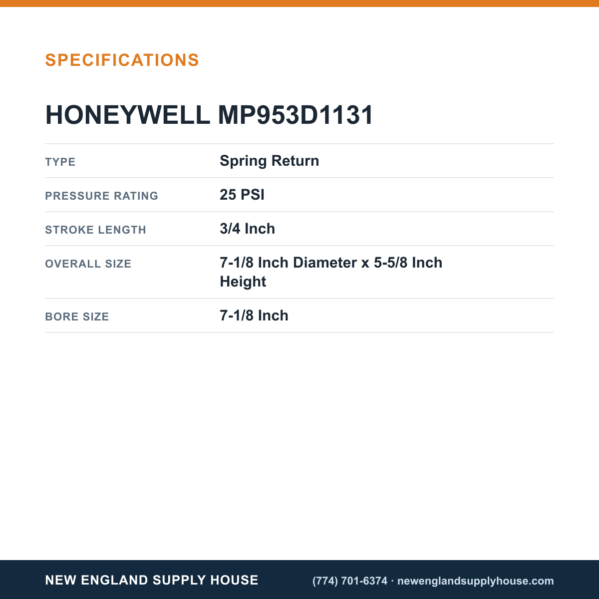 Honeywell Commercial MP953D1131 Pneumatic Coil Valve Actuator specifications — New England Supply House [NESH-SPECTABLE-V1]