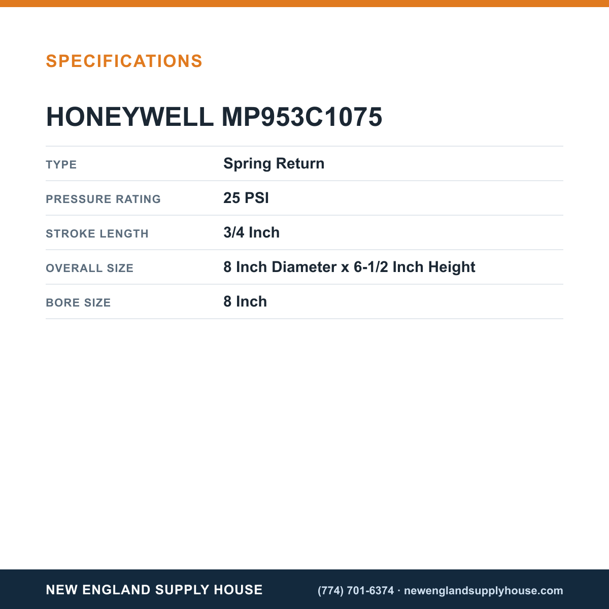 Honeywell Commercial MP953C1075 Pneumatic Coil Valve Actuator specifications — New England Supply House [NESH-SPECTABLE-V1]