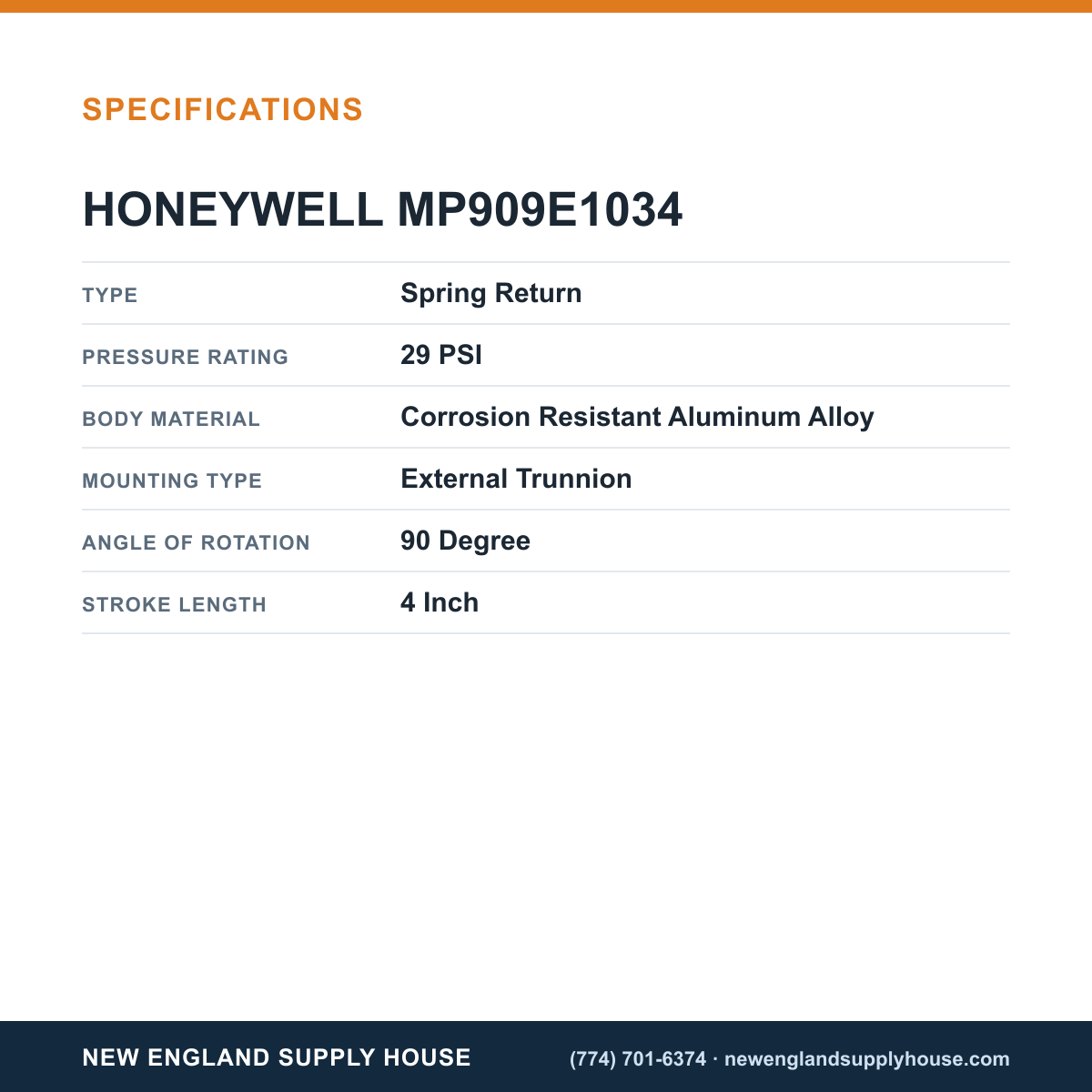 Honeywell Commercial MP909E1034 Pneumatic Damper Actuator specifications — New England Supply House [NESH-SPECTABLE-V1]