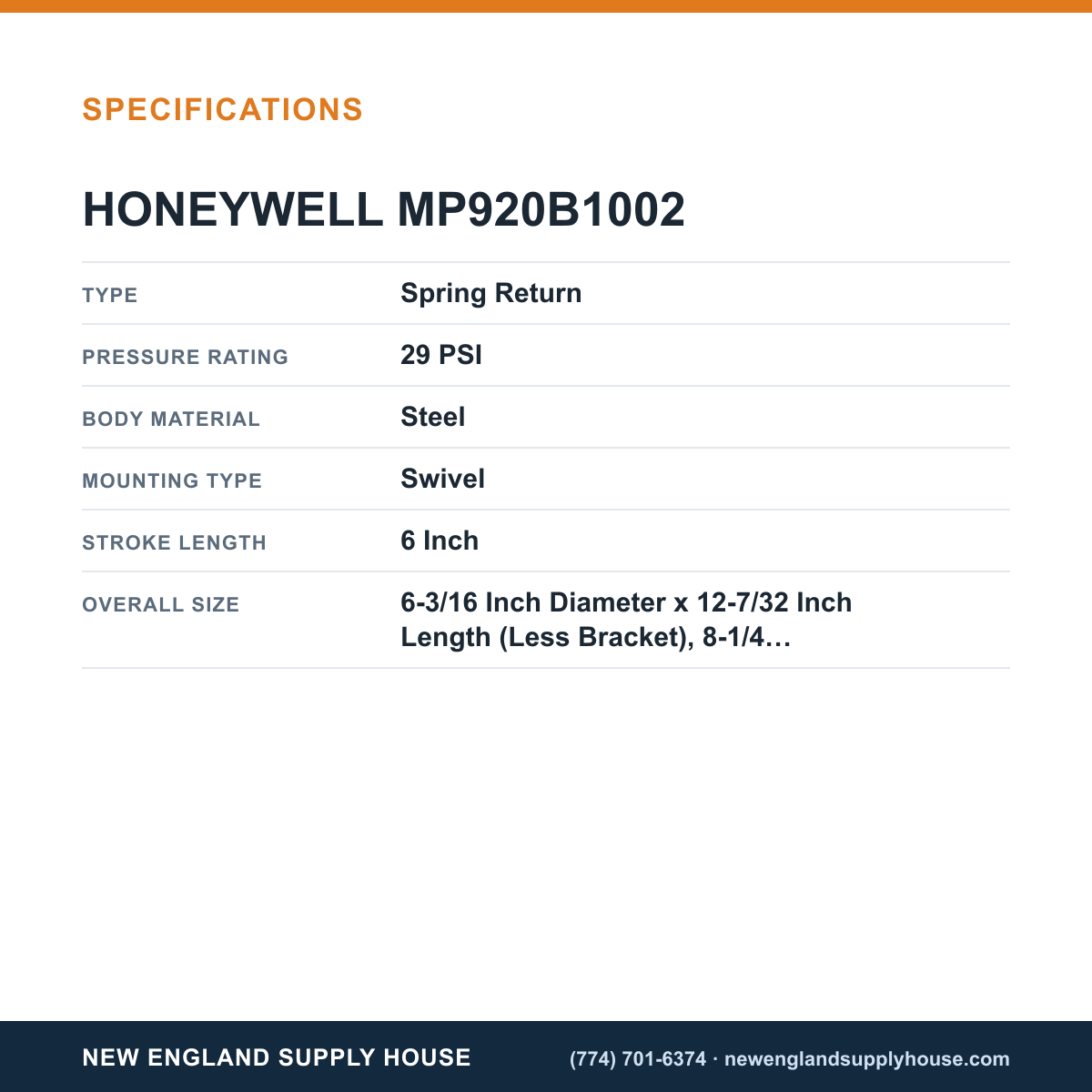 Honeywell Commercial MP920B1002 Pneumatic Damper Actuator specifications — New England Supply House [NESH-SPECTABLE-V1]