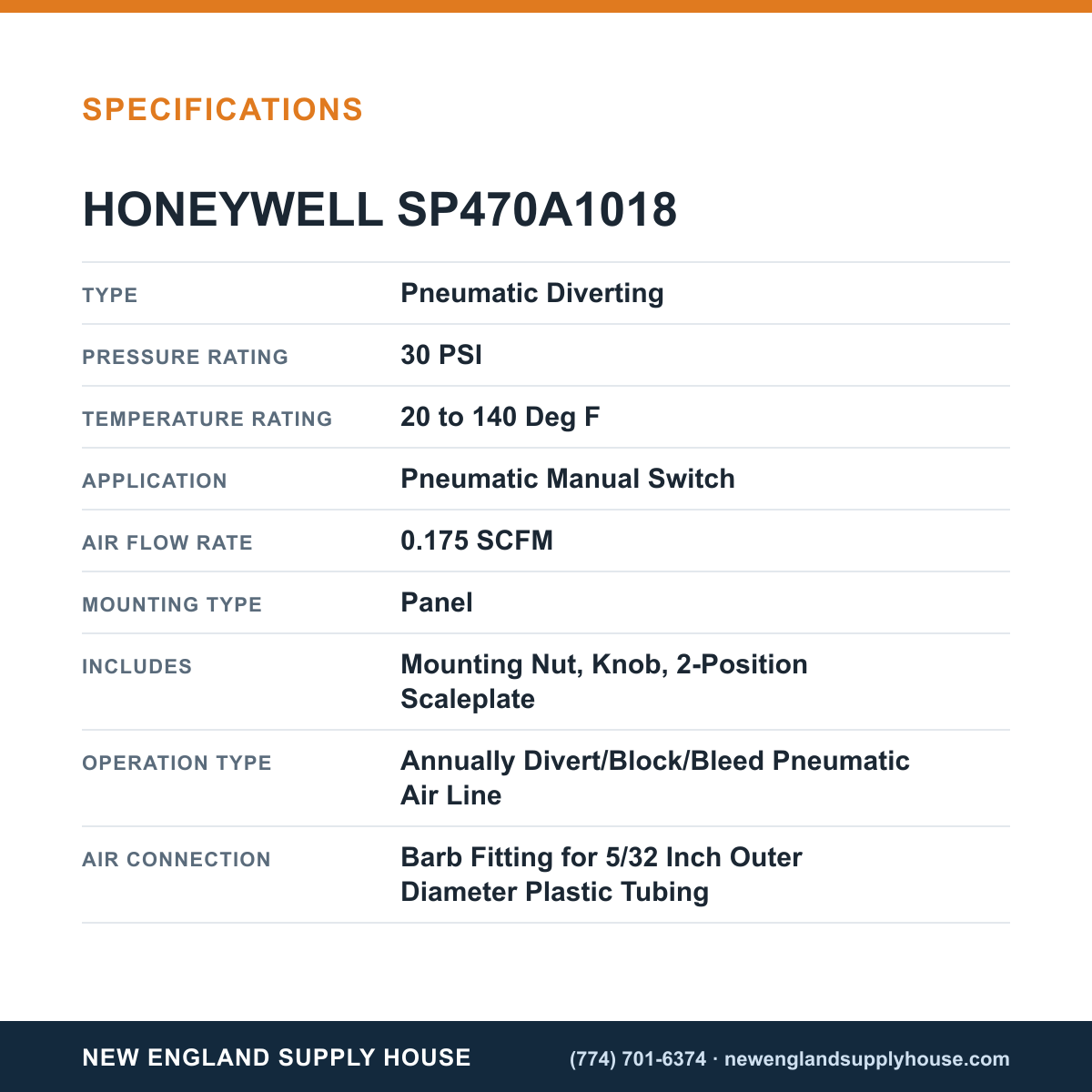Honeywell Commercial SP470A1018 Pneumatic Diverting Switch specifications — New England Supply House [NESH-SPECTABLE-V1]