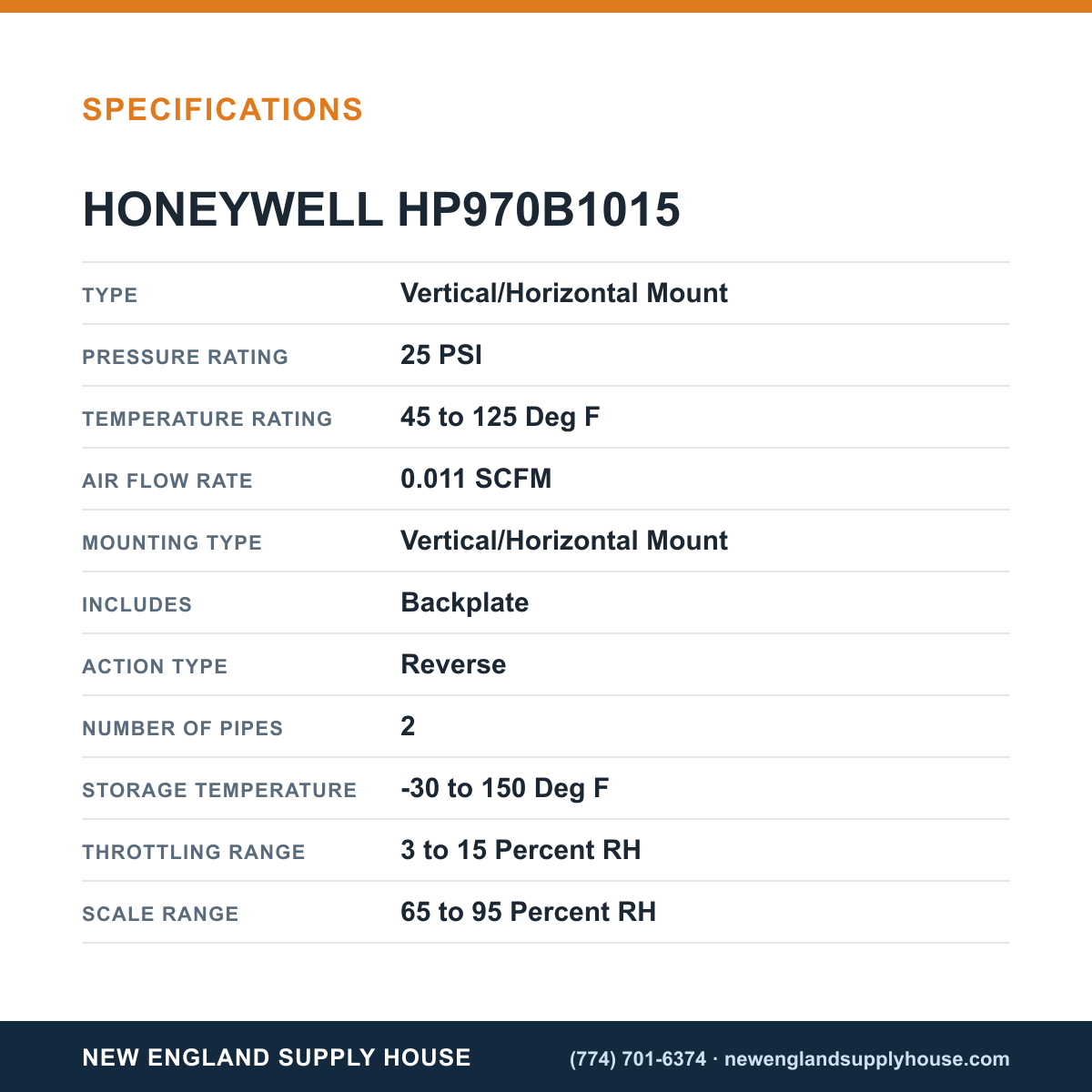 Honeywell Commercial HP970B1015 Pneumatic Humidistat specifications — New England Supply House [NESH-SPECTABLE-V1]