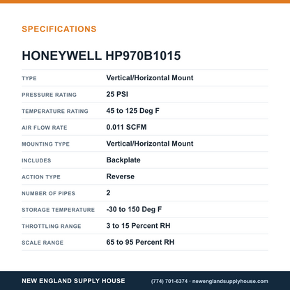 Honeywell Commercial HP970B1015 Pneumatic Humidistat specifications — New England Supply House [NESH-SPECTABLE-V1]