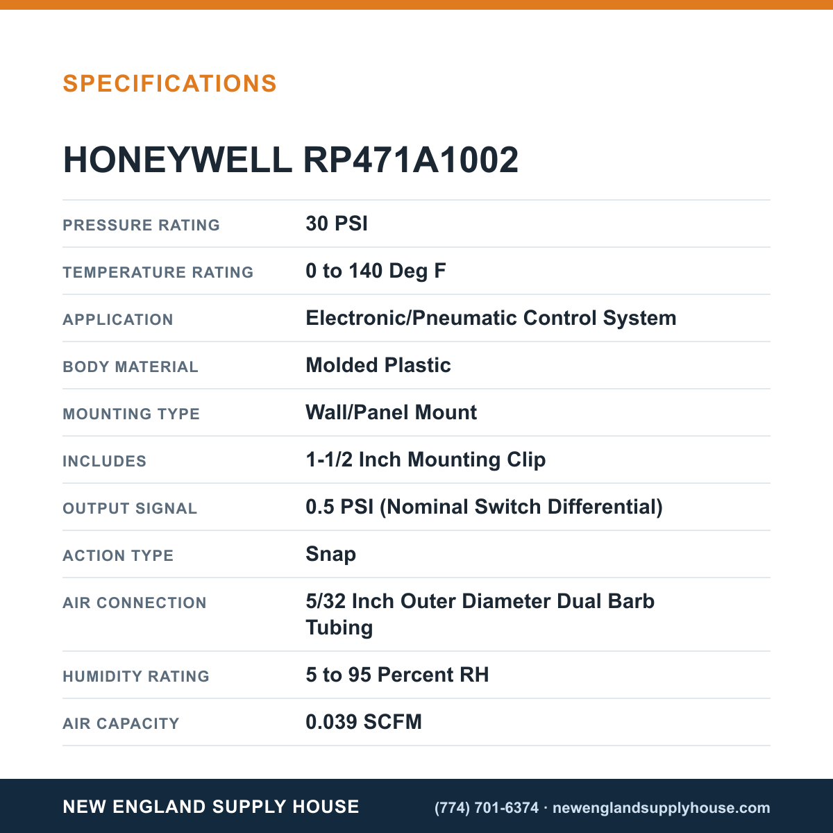 Honeywell Commercial RP471A1002 Pneumatic Relay specifications — New England Supply House [NESH-SPECTABLE-V1]
