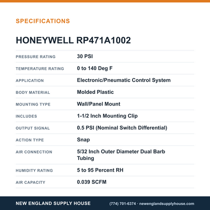 Honeywell Commercial RP471A1002 Pneumatic Relay specifications — New England Supply House [NESH-SPECTABLE-V1]
