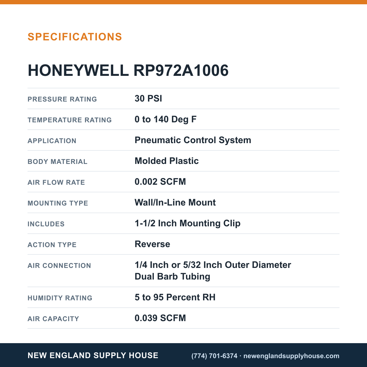 Honeywell Commercial RP972A1006 Pneumatic Reversing Relay specifications — New England Supply House [NESH-SPECTABLE-V1]