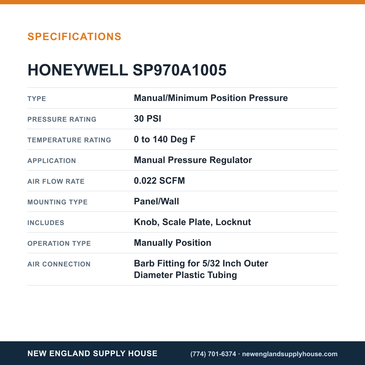 Honeywell Commercial SP970A1005 Pneumatic Switch specifications — New England Supply House [NESH-SPECTABLE-V1]