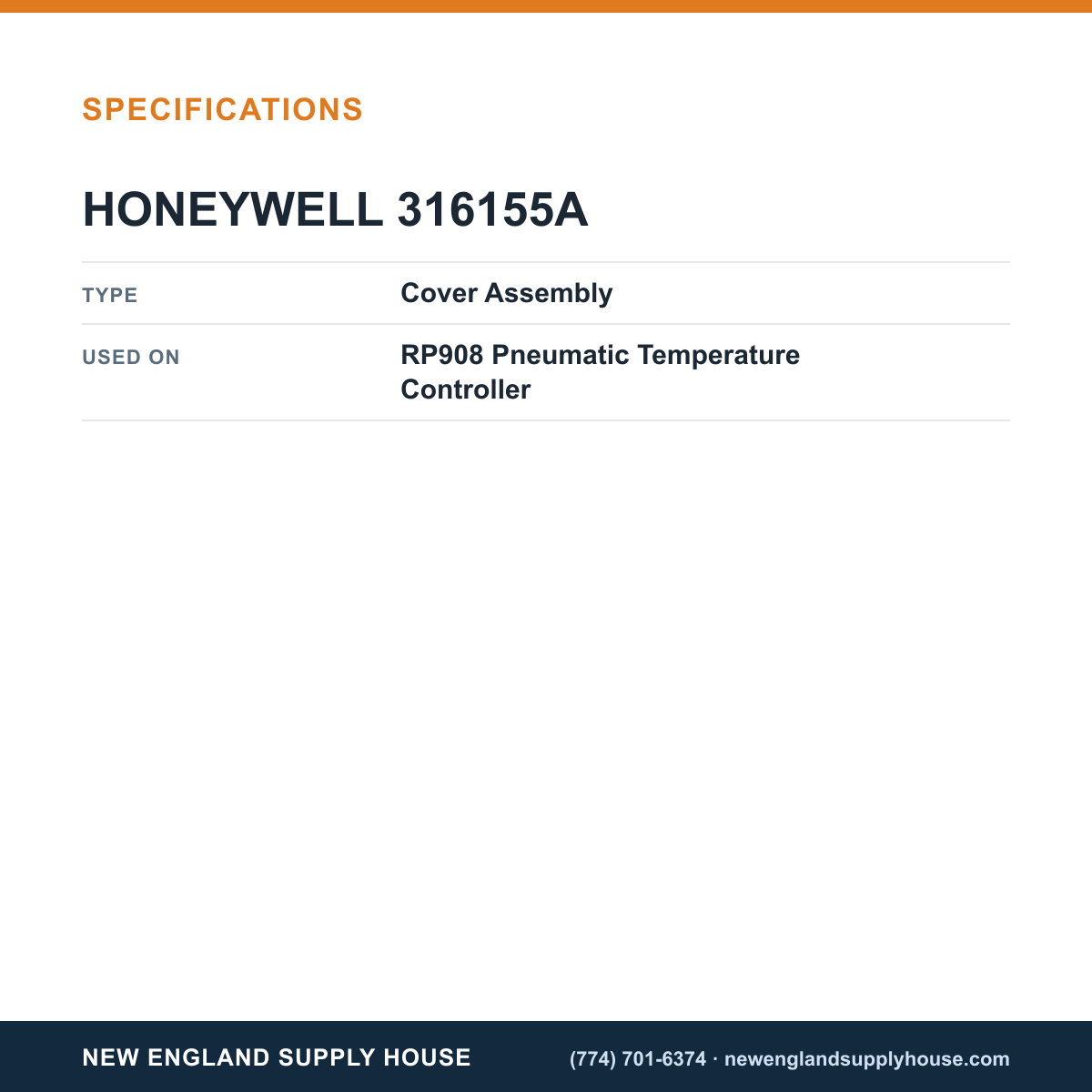Honeywell Commercial 316155A Pneumatic Temperature Controller Cover Assembly specifications — New England Supply House [NESH-SPECTABLE-V1]