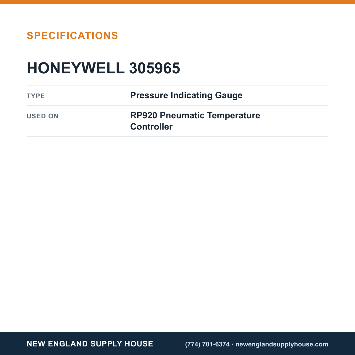 Honeywell Commercial 305965 Pneumatic Temperature Controller Pressure Indicating Gauge specifications — New England Supply House [NESH-SPECTABLE-V1]
