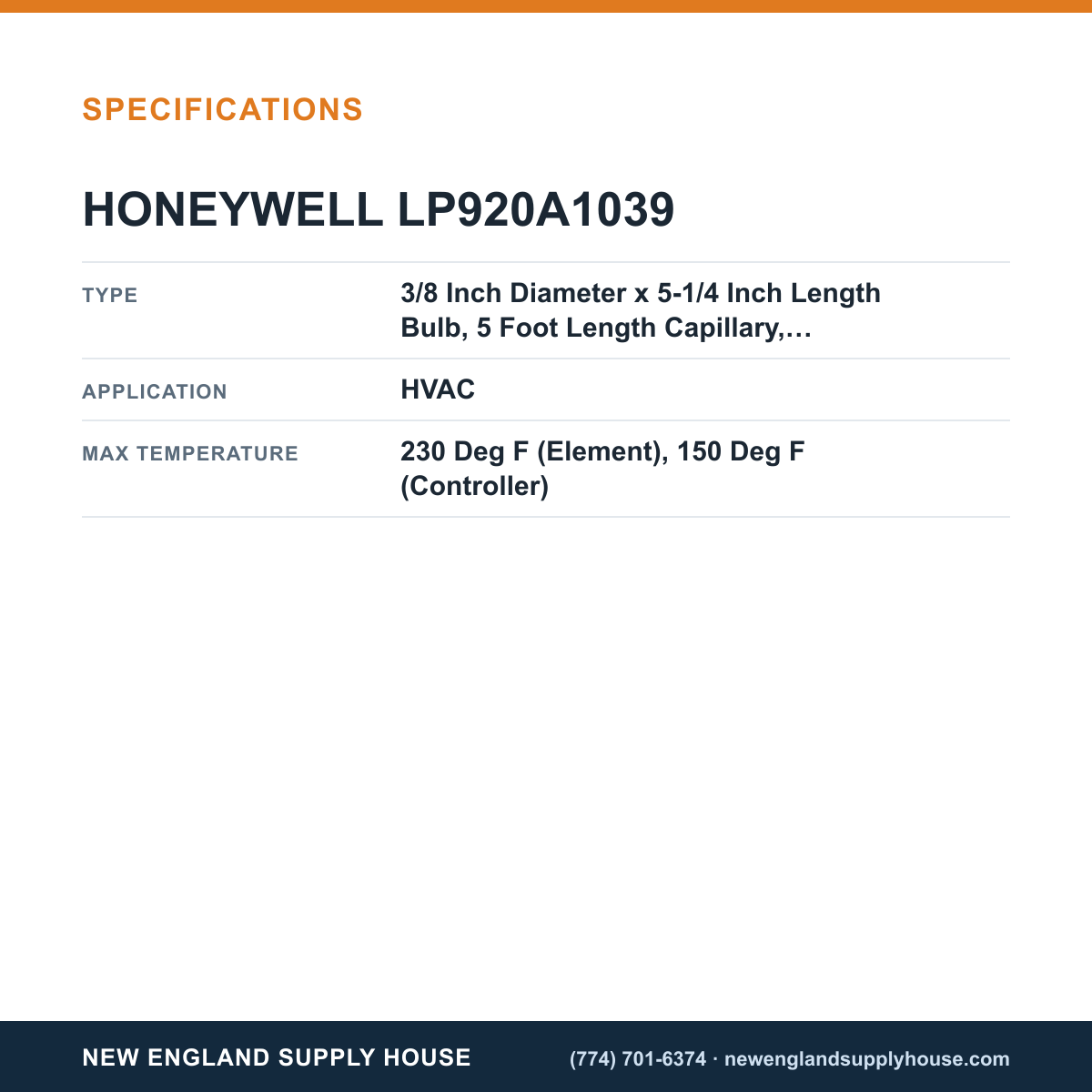 Honeywell Commercial LP920A1039 Pneumatic Temperature Controller specifications — New England Supply House [NESH-SPECTABLE-V1]