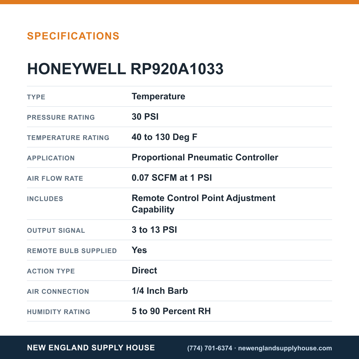 Honeywell Commercial RP920A1033 Pneumatic Temperature Controller specifications — New England Supply House [NESH-SPECTABLE-V1]