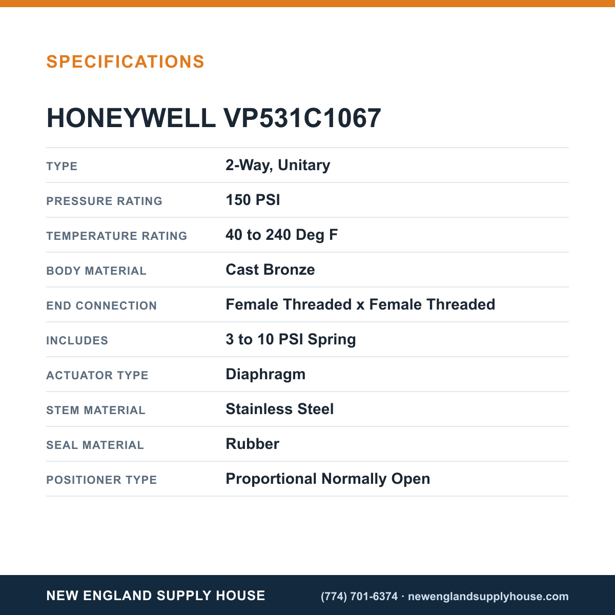 Honeywell Commercial VP531C1067 Pneumatic Terminal Unit Valve specifications — New England Supply House [NESH-SPECTABLE-V1]