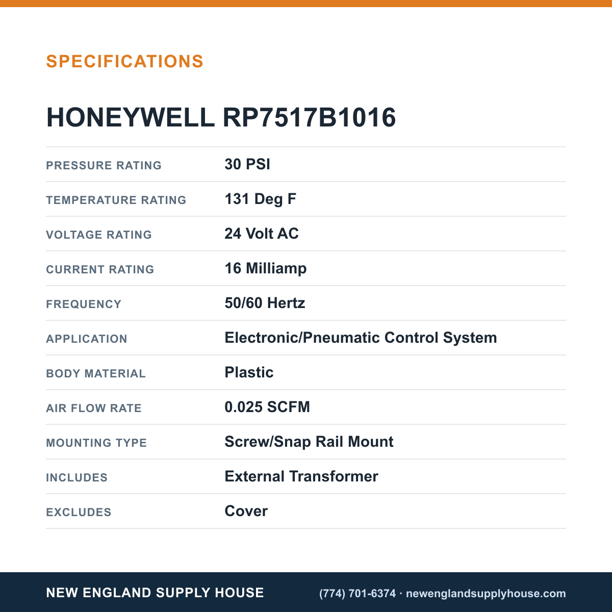 Honeywell Commercial RP7517B1016 Pneumatic Transducer specifications — New England Supply House [NESH-SPECTABLE-V1]