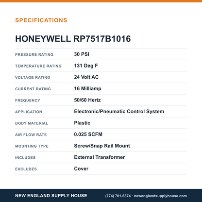 Honeywell Commercial RP7517B1016 Pneumatic Transducer specifications — New England Supply House [NESH-SPECTABLE-V1]