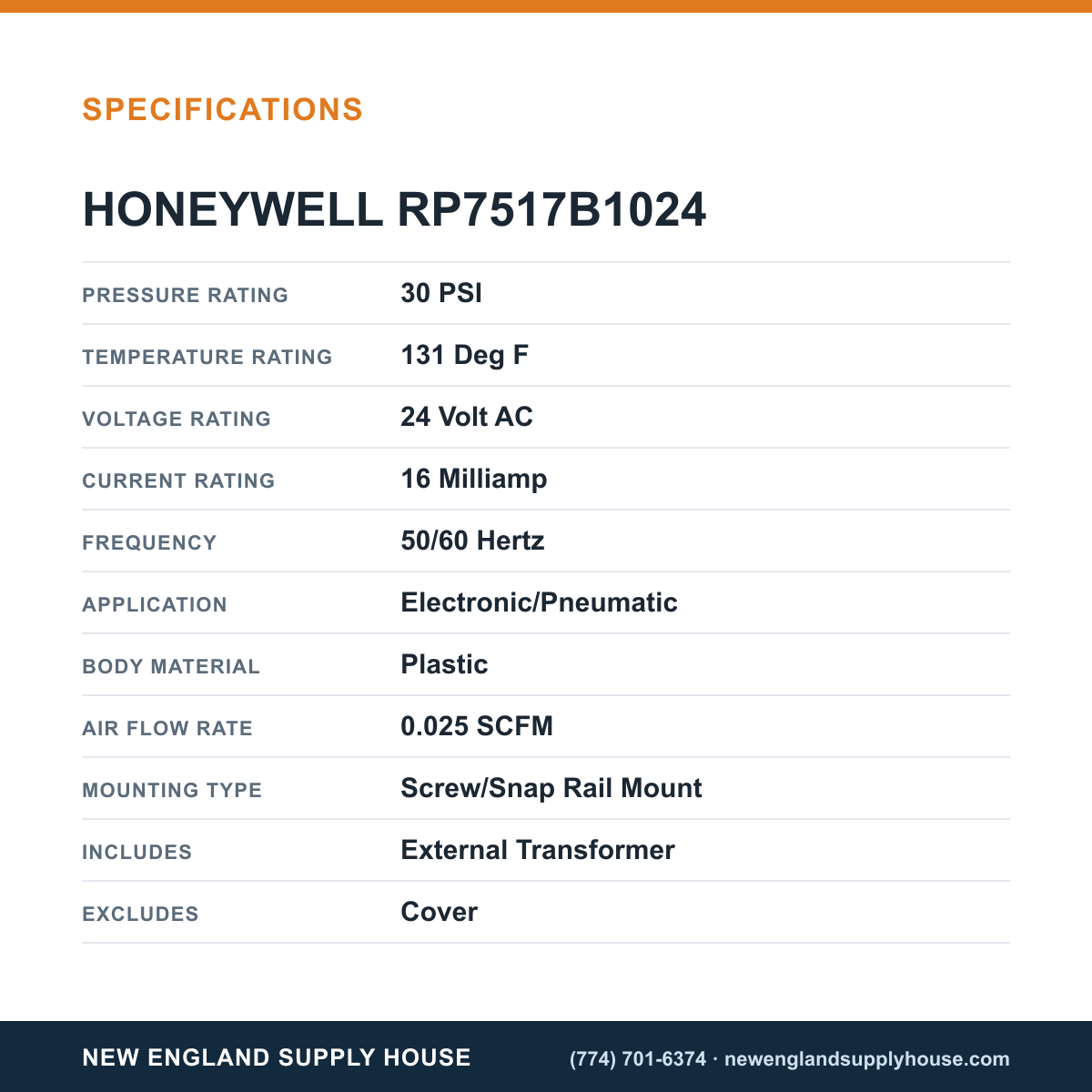Honeywell Commercial RP7517B1024 Pneumatic Transducer specifications — New England Supply House [NESH-SPECTABLE-V1]
