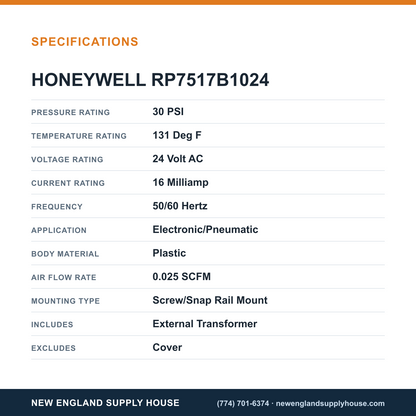 Honeywell Commercial RP7517B1024 Pneumatic Transducer specifications — New England Supply House [NESH-SPECTABLE-V1]
