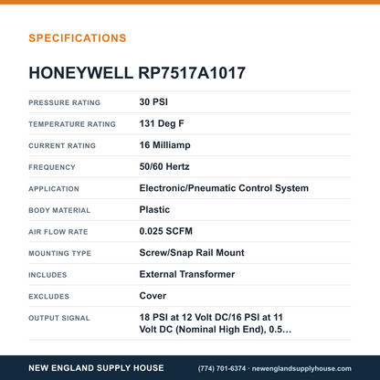 Honeywell Commercial RP7517A1017 Pneumatic Transducer specifications — New England Supply House [NESH-SPECTABLE-V1]