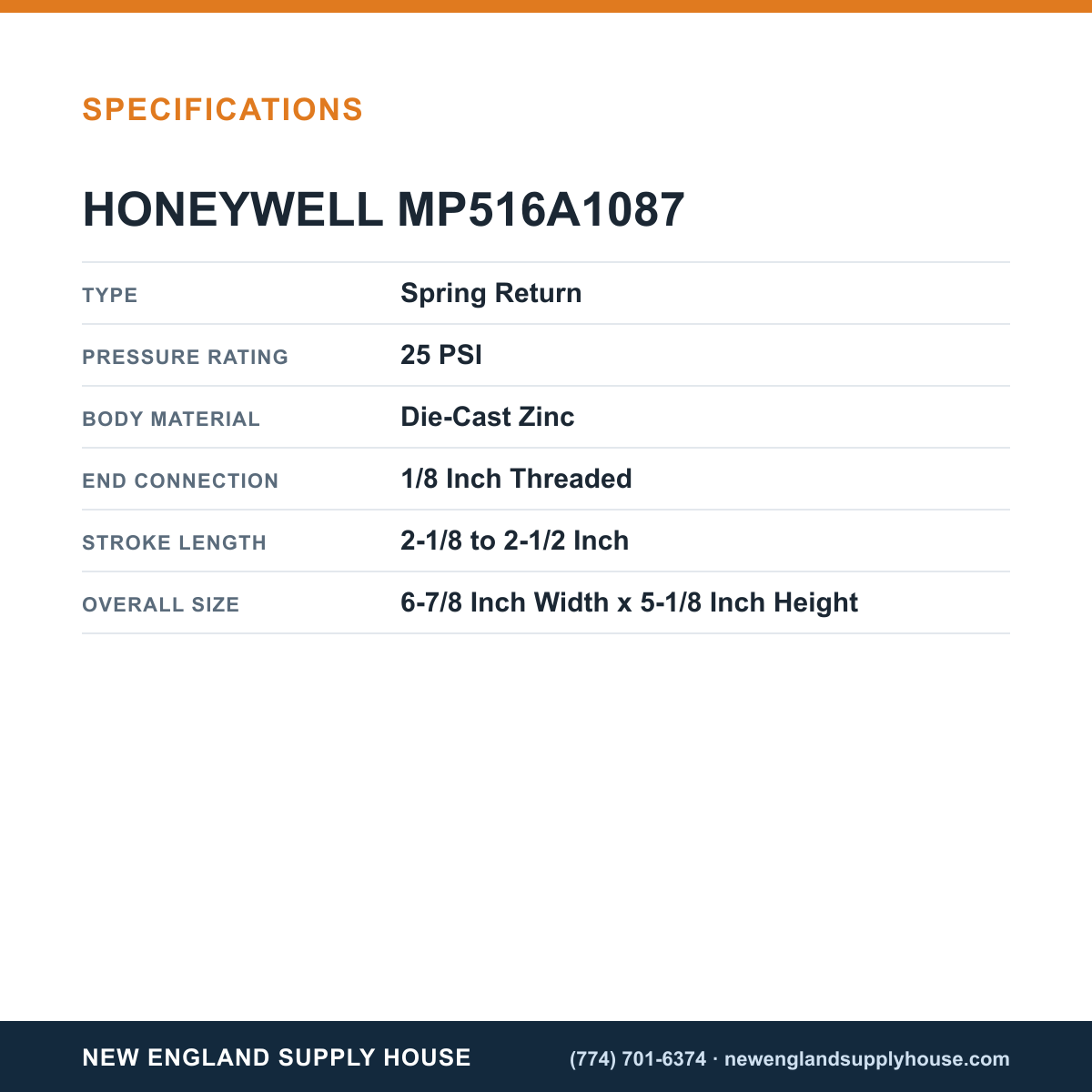 Honeywell Commercial MP516A1087 Pneumatic Unit Ventilator Damper Actuator specifications — New England Supply House [NESH-SPECTABLE-V1]