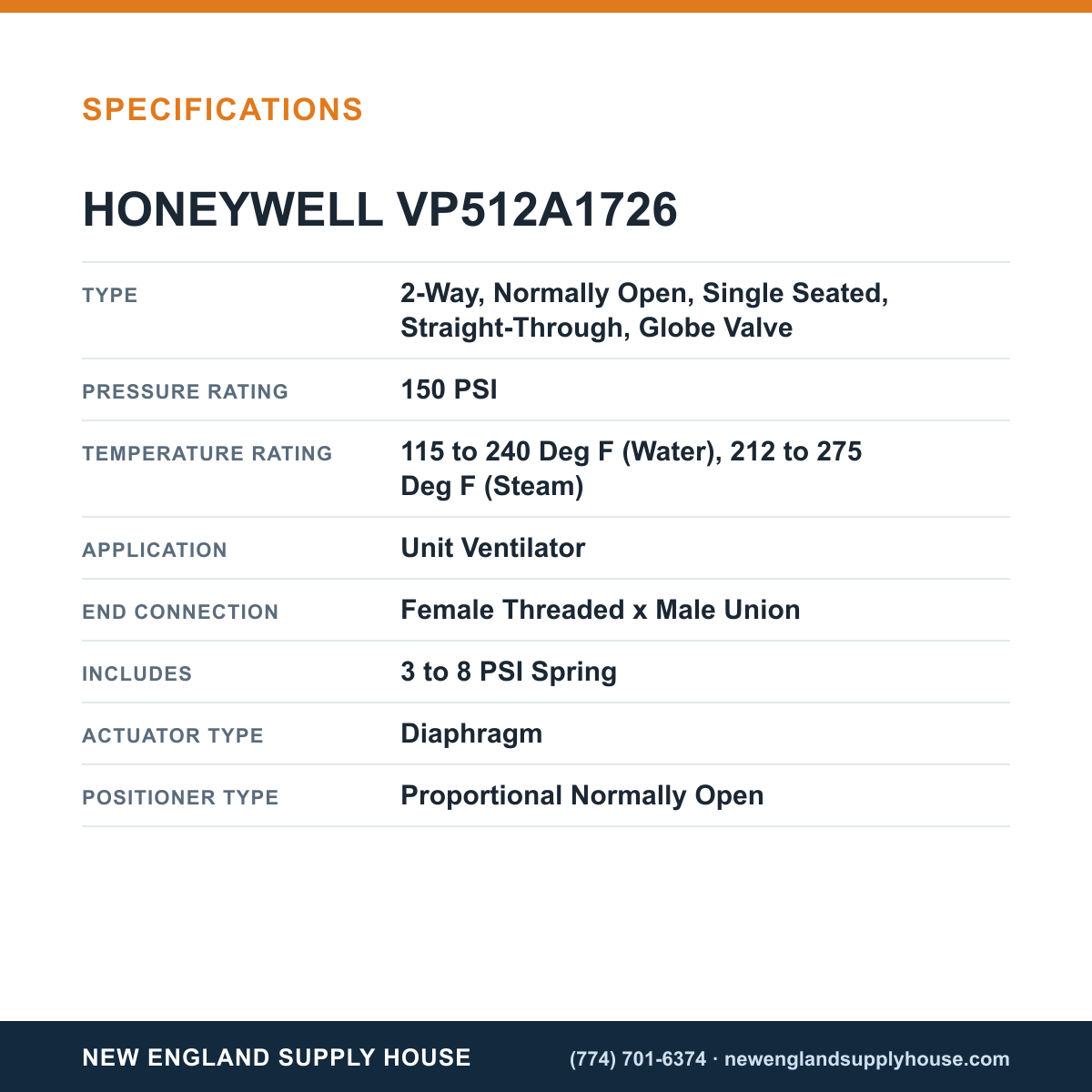 Honeywell Commercial VP512A1726 Pneumatic Unit Ventilator Valve specifications — New England Supply House [NESH-SPECTABLE-V1]