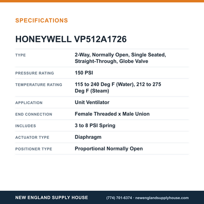 Honeywell Commercial VP512A1726 Pneumatic Unit Ventilator Valve specifications — New England Supply House [NESH-SPECTABLE-V1]