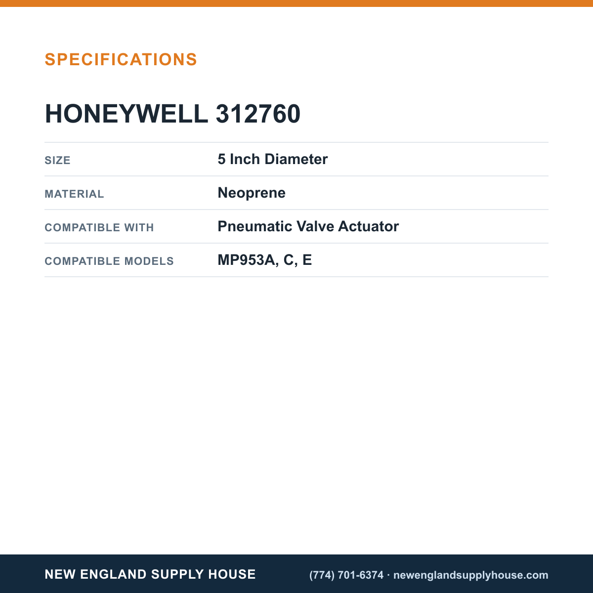 Honeywell Commercial 312760 Pneumatic Valve Actuator Diaphragm specifications — New England Supply House [NESH-SPECTABLE-V1]