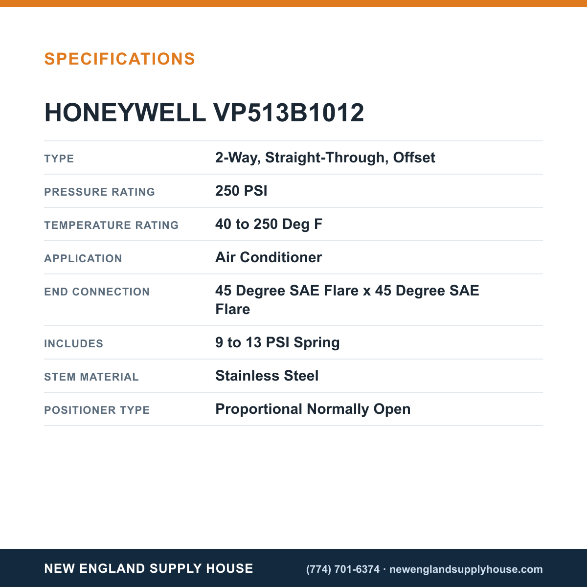 Honeywell Commercial VP513B1012 Pneumatic Water Valve specifications — New England Supply House [NESH-SPECTABLE-V1]