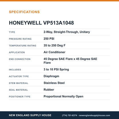 Honeywell Commercial VP513A1048 Pneumatic Water Valve specifications — New England Supply House [NESH-SPECTABLE-V1]