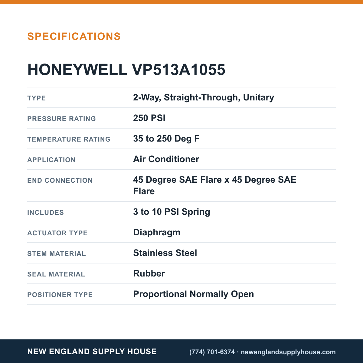 Honeywell Commercial VP513A1055 Pneumatic Water Valve specifications — New England Supply House [NESH-SPECTABLE-V1]