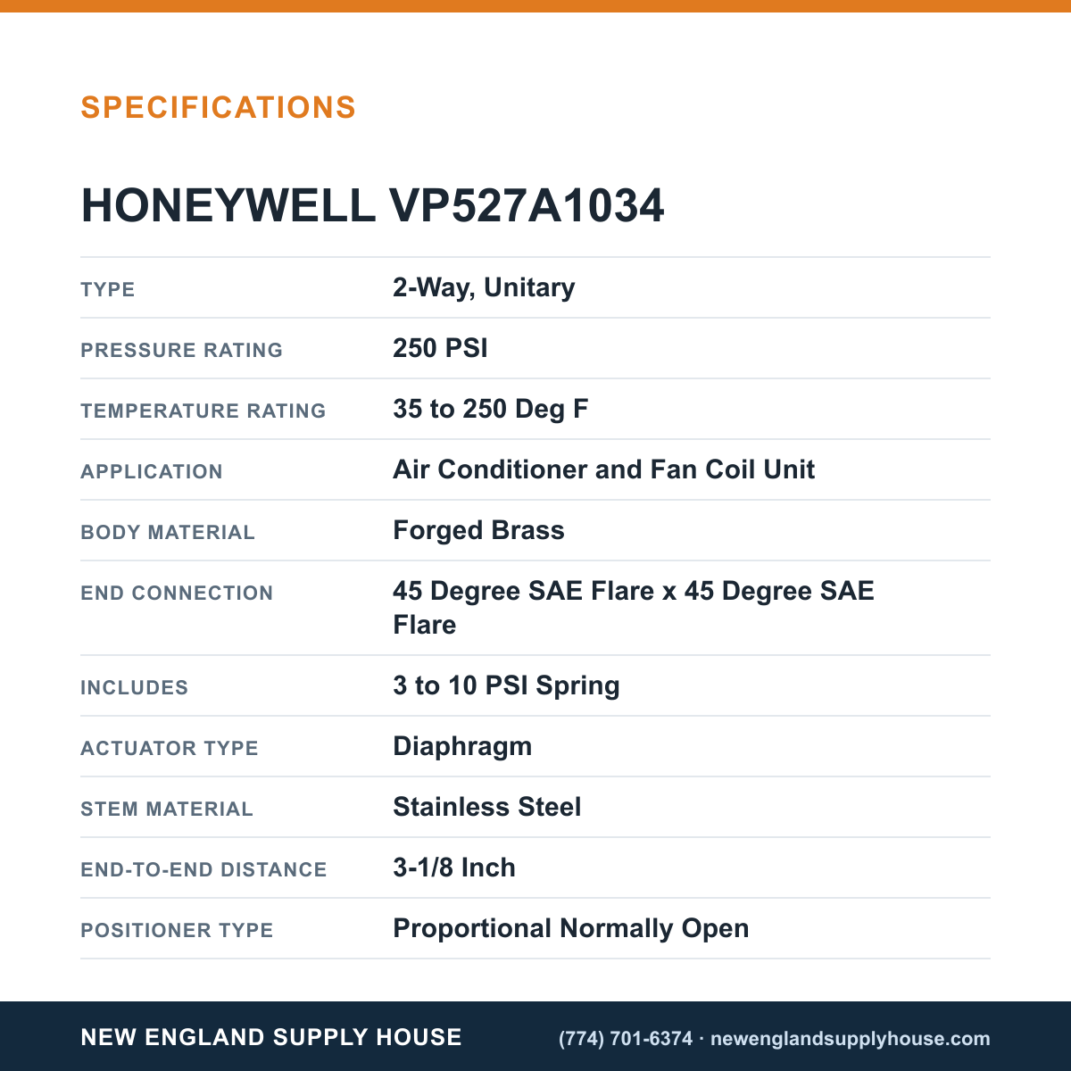 Honeywell Commercial VP527A1034 Pneumatic Water Valve specifications — New England Supply House [NESH-SPECTABLE-V1]