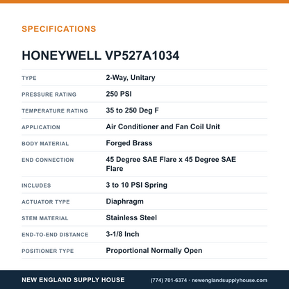 Honeywell Commercial VP527A1034 Pneumatic Water Valve specifications — New England Supply House [NESH-SPECTABLE-V1]