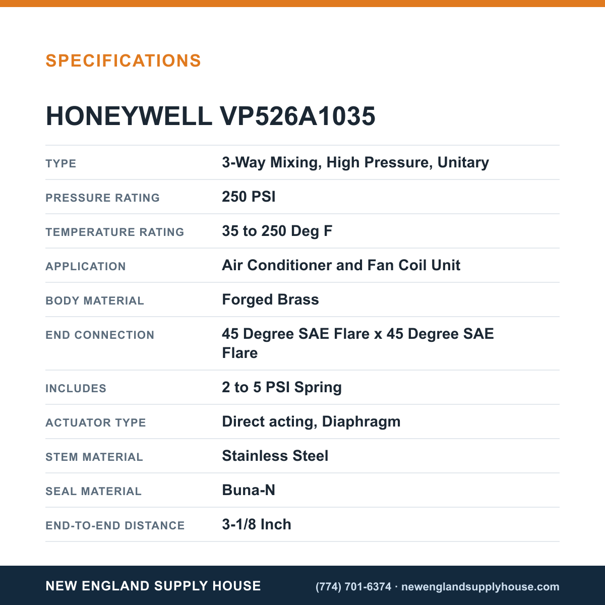 Honeywell Commercial VP526A1035 Pneumatic Water Valve specifications — New England Supply House [NESH-SPECTABLE-V1]