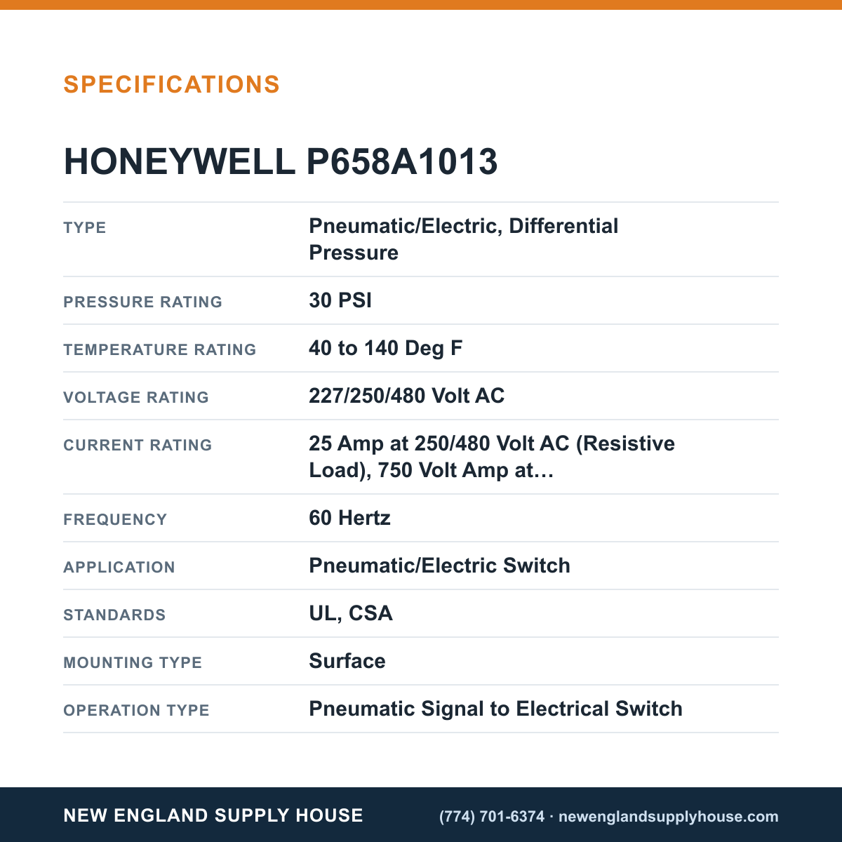 Honeywell Commercial P658A1013 Pneumatic/Electric Switch specifications — New England Supply House [NESH-SPECTABLE-V1]