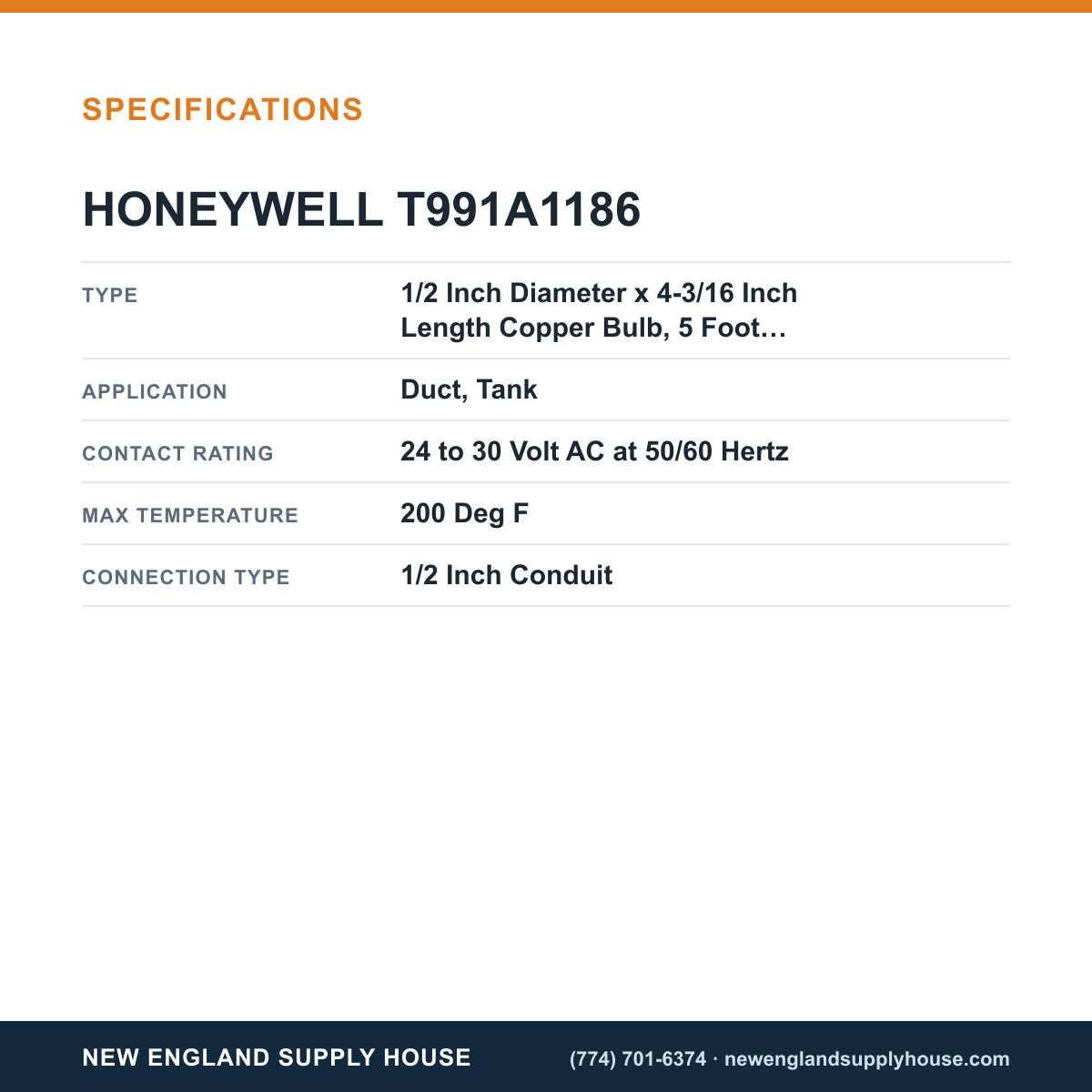 Honeywell Commercial T991A1186 Proportional Temperature Controller specifications — New England Supply House [NESH-SPECTABLE-V1]