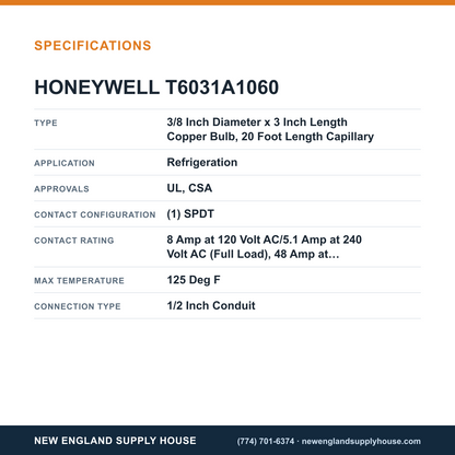 Honeywell Commercial T6031A1060 Refrigeration Temperature Controller specifications — New England Supply House [NESH-SPECTABLE-V1]