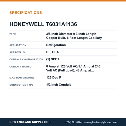 Honeywell Commercial T6031A1136 Refrigeration Temperature Controller specifications — New England Supply House [NESH-SPECTABLE-V1]