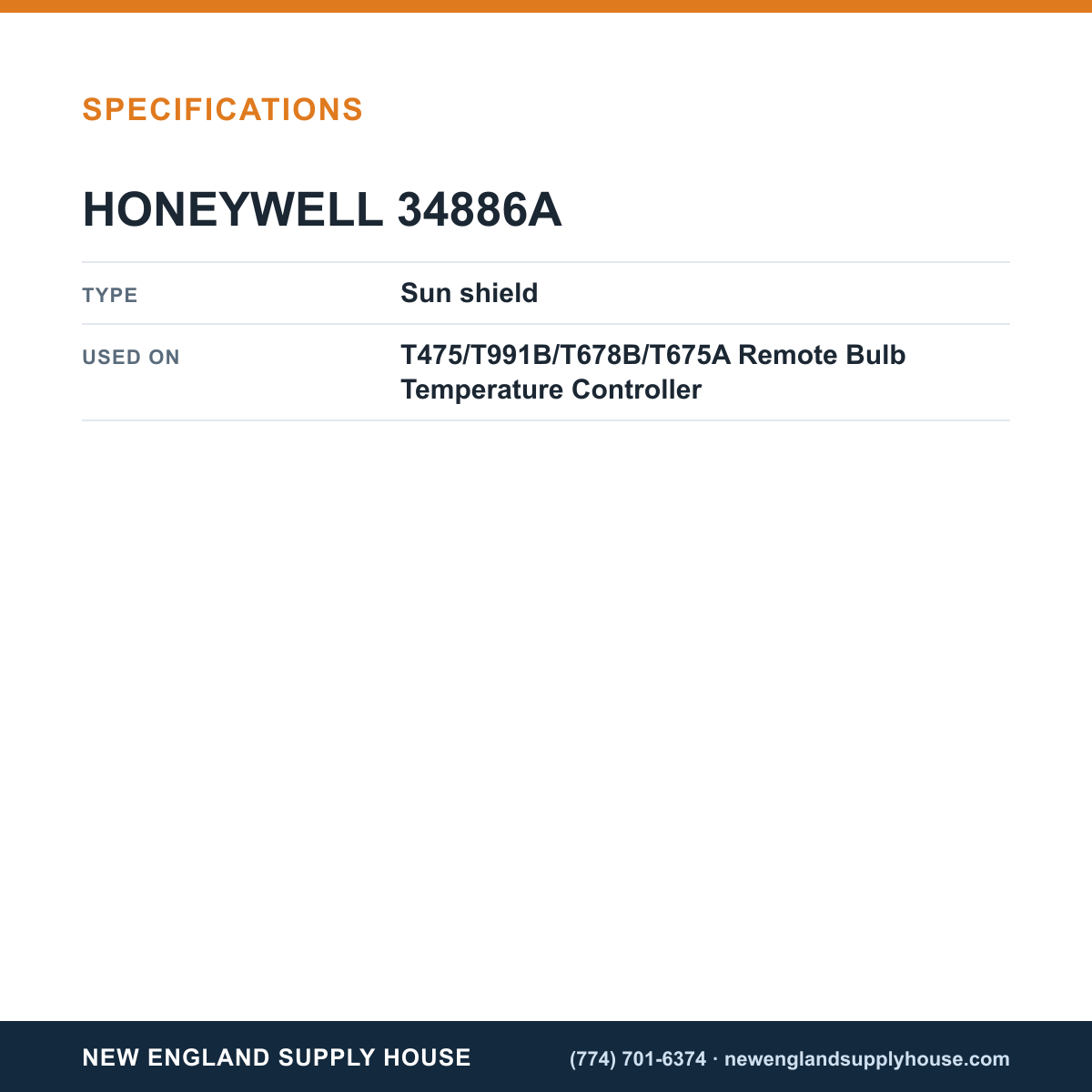 Honeywell Commercial 34886A Remote Bulb Temperature Controller Sun Shield specifications — New England Supply House [NESH-SPECTABLE-V1]