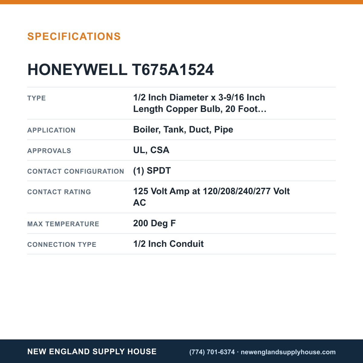 Honeywell Commercial T675A1524 Remote Temperature Controller specifications — New England Supply House [NESH-SPECTABLE-V1]