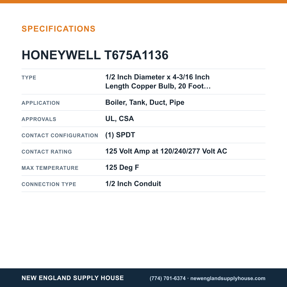 Honeywell Commercial T675A1136 Remote Temperature Controller specifications — New England Supply House [NESH-SPECTABLE-V1]