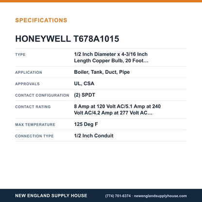 Honeywell Commercial T678A1015 Remote Temperature Controller specifications — New England Supply House [NESH-SPECTABLE-V1]