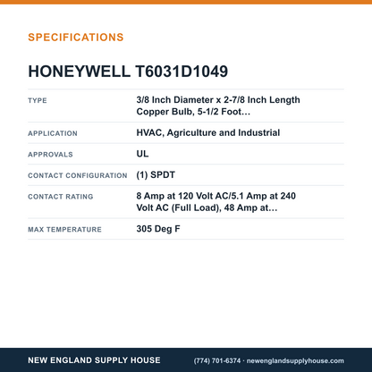 Honeywell Commercial T6031D1049 Remote Temperature Controller specifications — New England Supply House [NESH-SPECTABLE-V1]