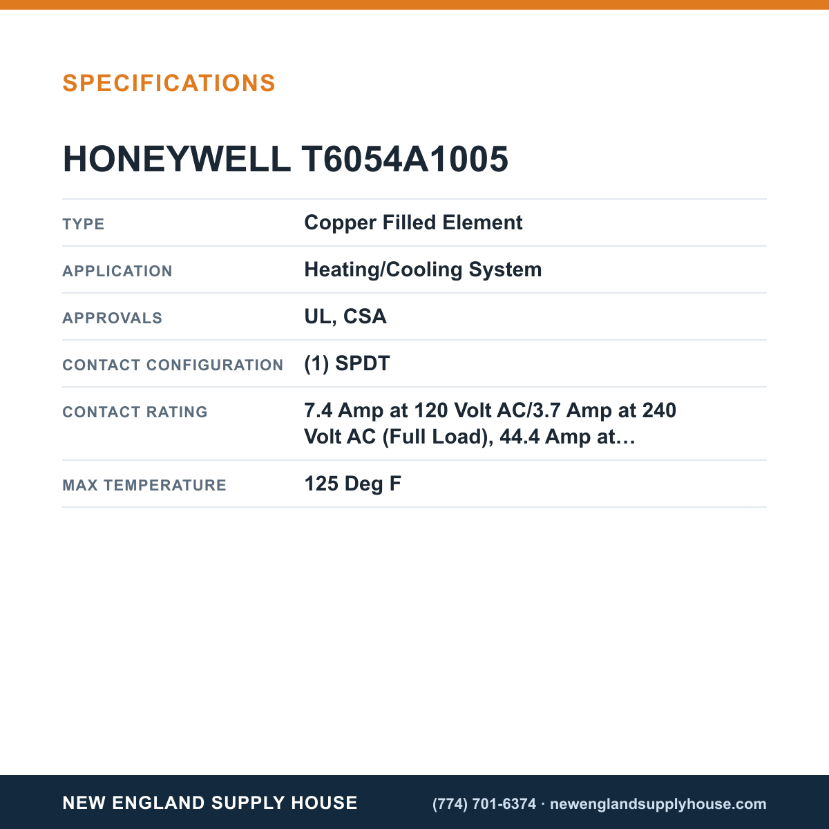 Honeywell Commercial T6054A1005 Return Air Temperature Controller specifications — New England Supply House [NESH-SPECTABLE-V1]