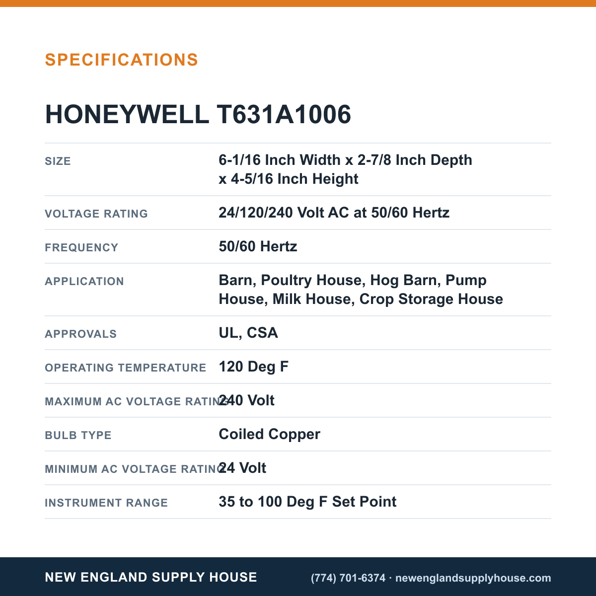 Honeywell Commercial T631A1006 Temperature Controller specifications — New England Supply House [NESH-SPECTABLE-V1]